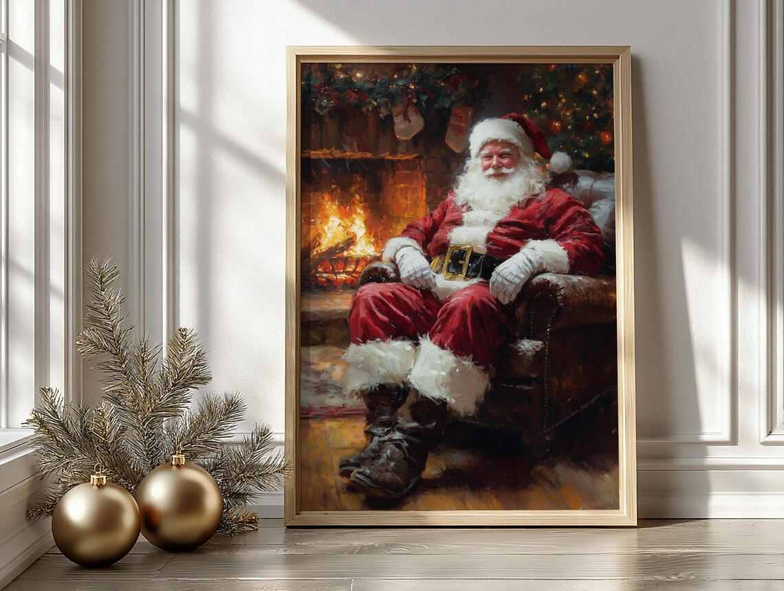 Santa Claus by Fireplace Vintage Christmas Holiday Painting Poster - Image 2