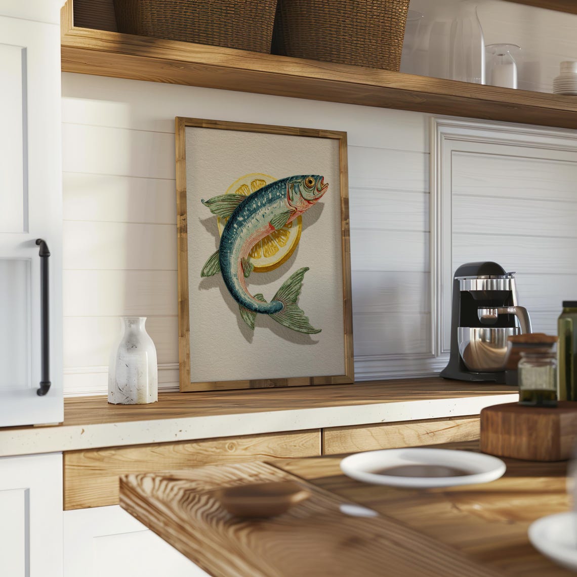 Vintage Fish Illustration with Lemon Coastal Kitchen Wall Poster - Image 2