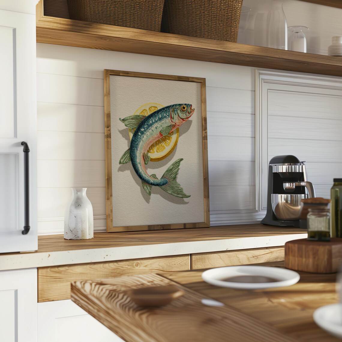 Vintage Fish Illustration With Lemon Kitchen Wall Art Rustic Coastal Decor Anchovy On Slice Print 683 - Image 2