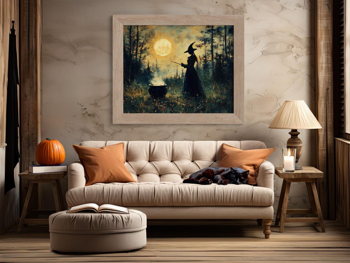 Witch Silhouette With Cauldron Under Full Moon Night Forest Art Poster - Image 2