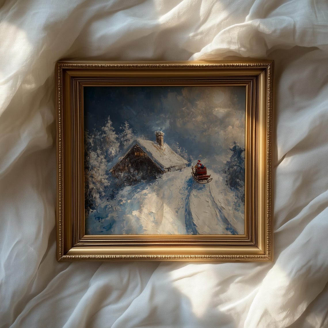 Santa Sleigh Landing on a Snowy Rooftop Cabin Under a Full Moon Poster - Image 2