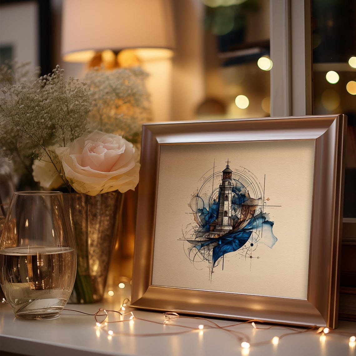 Lighthouse With Blue Waves Circular Blueprint Nautical Poster - Image 3
