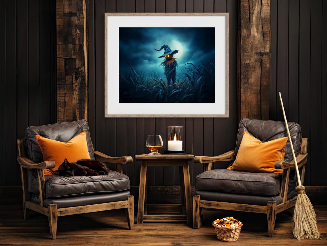 Creepy Scarecrow with Glowing Eyes in a Moonlit Cornfield Night Poster - Image 4