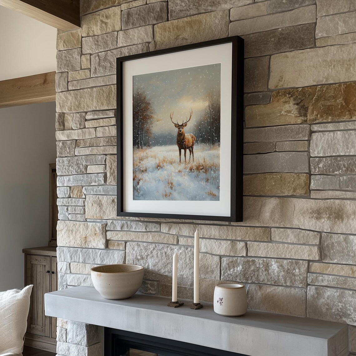 Majestic Stag in Snowy Forest Winter Wildlife Oil Painting Poster - Image 3