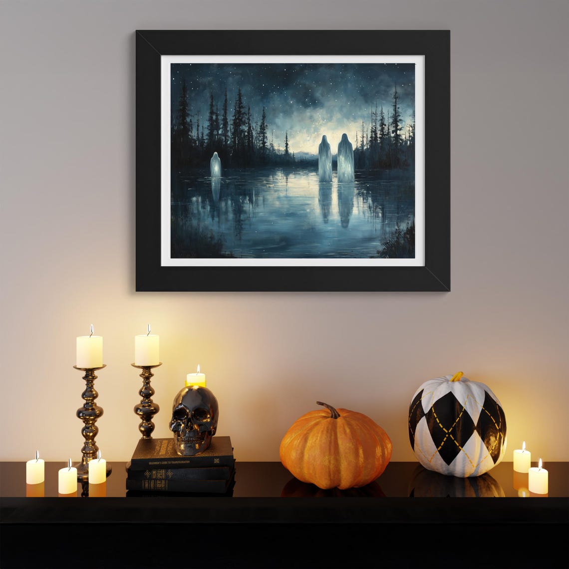 Ghostly Figures Standing In Starry Night Lake Pine Forest Poster - Image 3