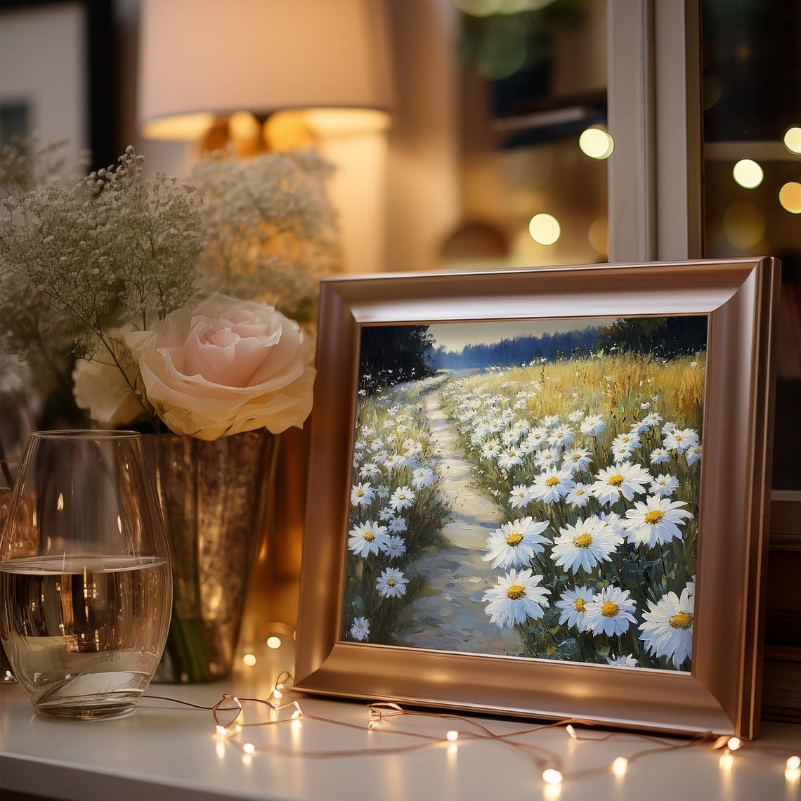 Sunlit Country Path Lined With White Daisies Pastoral Oil Art Poster - Image 3