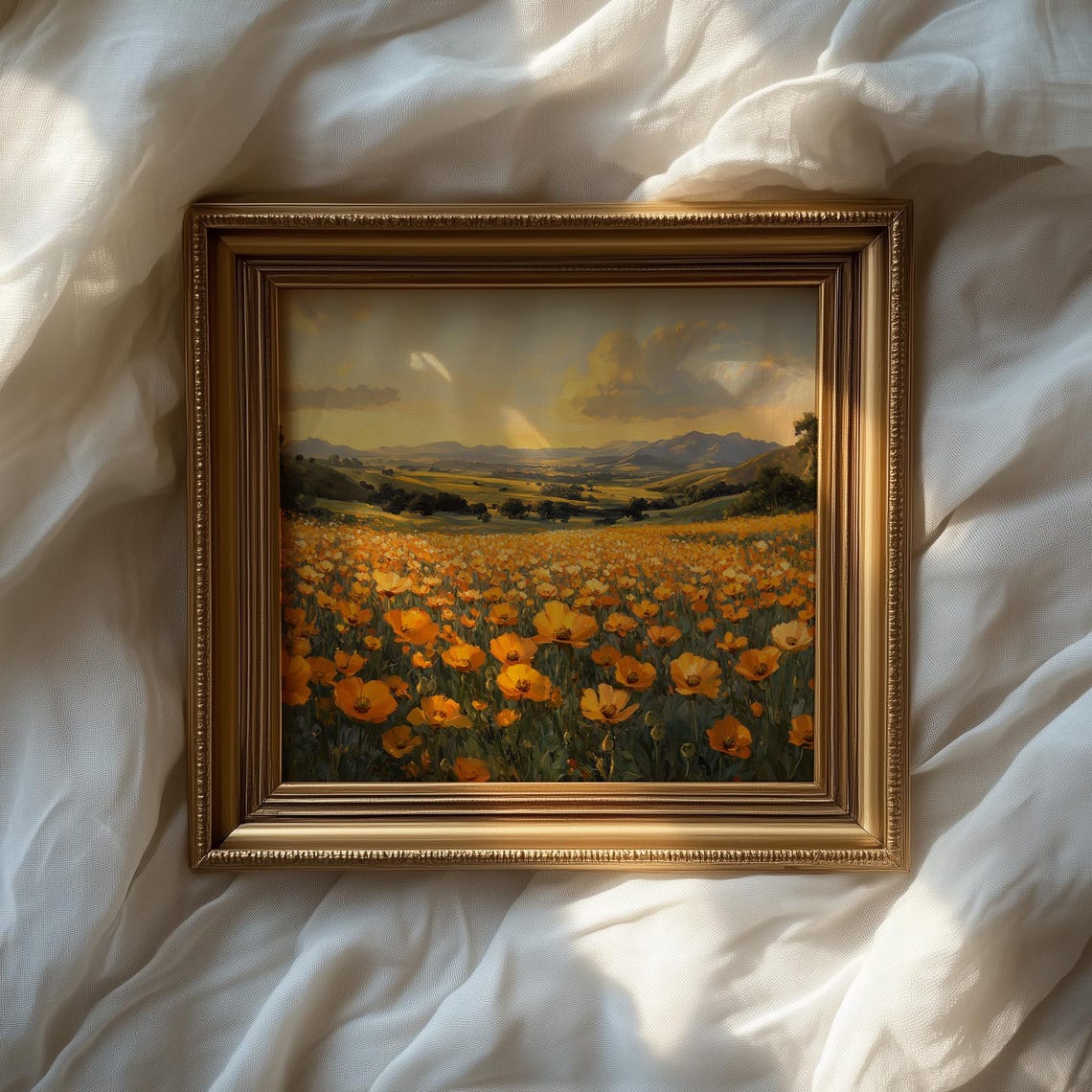 Golden Yellow Poppy Field at Sunset with Distant Mountain Hills Poster - Image 2