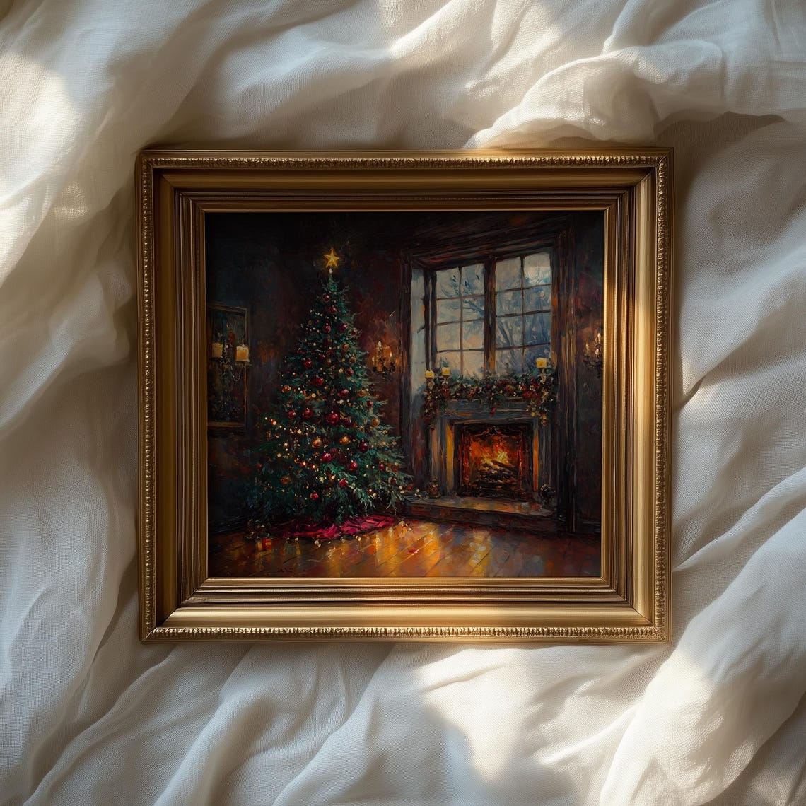 Christmas Tree by a Crackling Fireplace on a Snowy Night Poster - Image 2