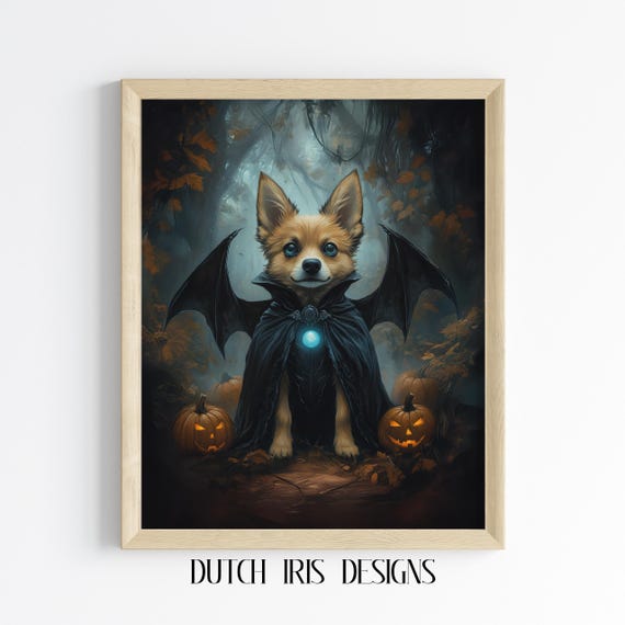 Halloween Batwinged Dog With Pumpkins Anime Style Wall Art Spooky Fall Decor Night Scene Cute Pet 561