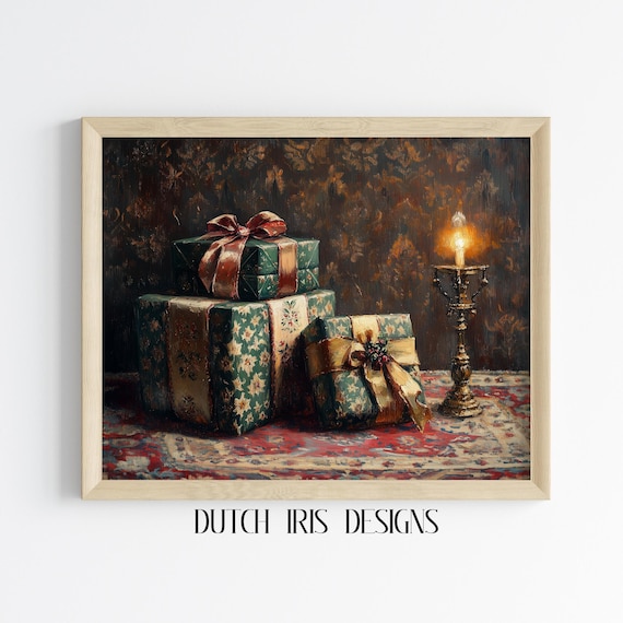 Vintage Wrapped Christmas Gifts with Ribbons by Candlelight Poster