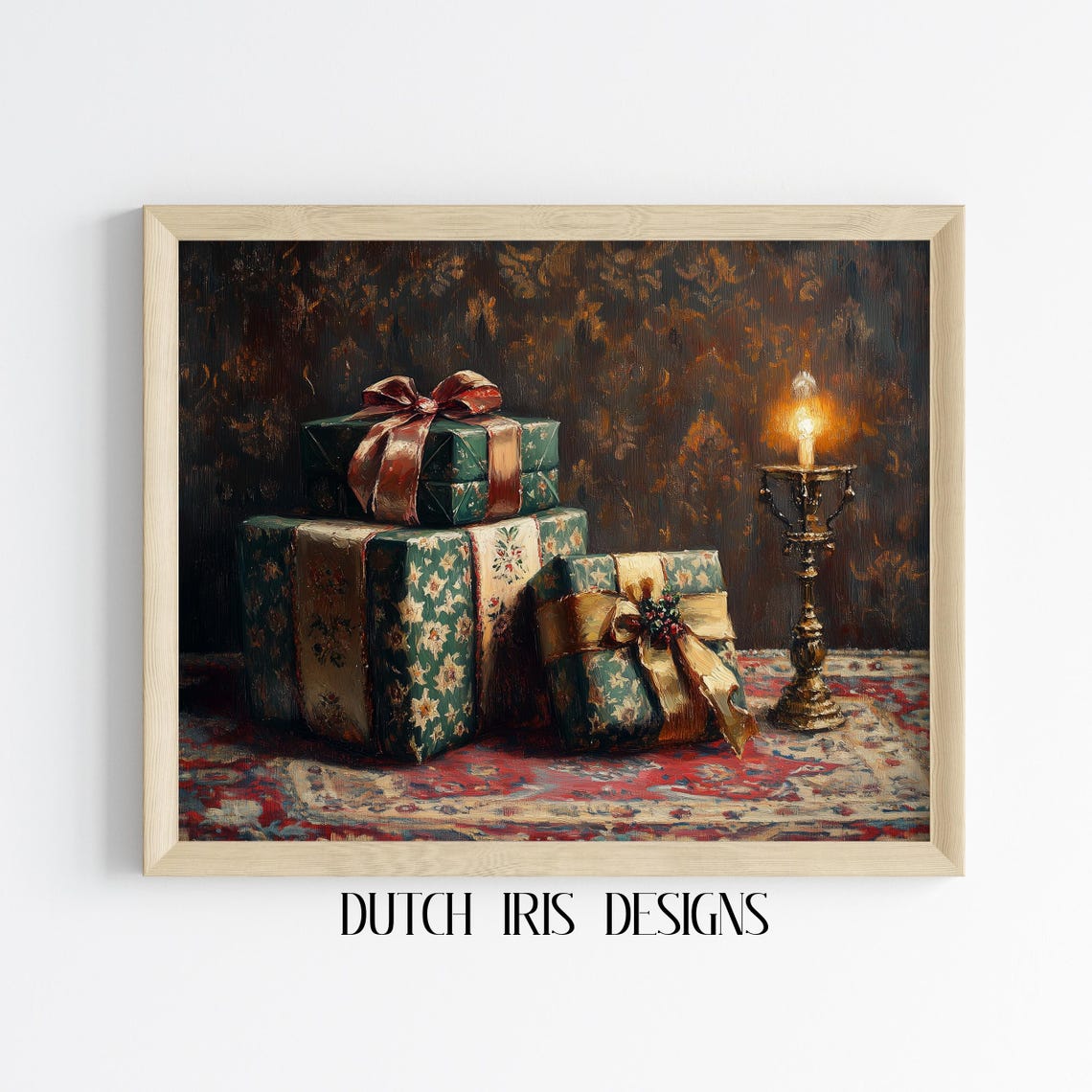Vintage Wrapped Christmas Gifts with Ribbons by Candlelight Poster