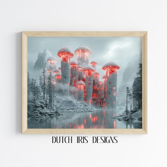 Futuristic Cityscape With Glowing Mushrooms Surreal Urban Landscape Moody Scifi Wall Art Decor Unique Artwork 215