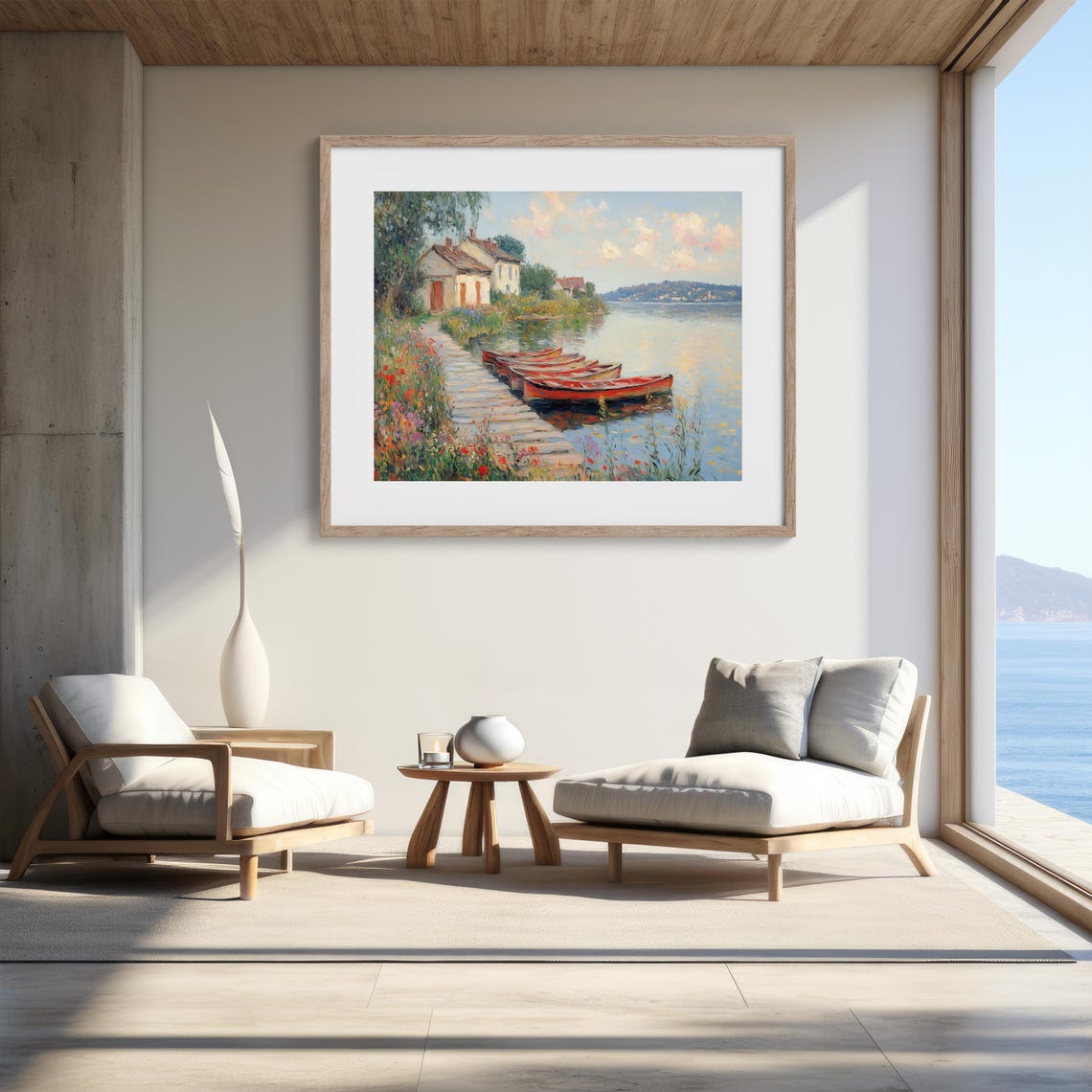 Tranquil Lakeside with Boats Impressionist Landscape Art Poster - Image 2