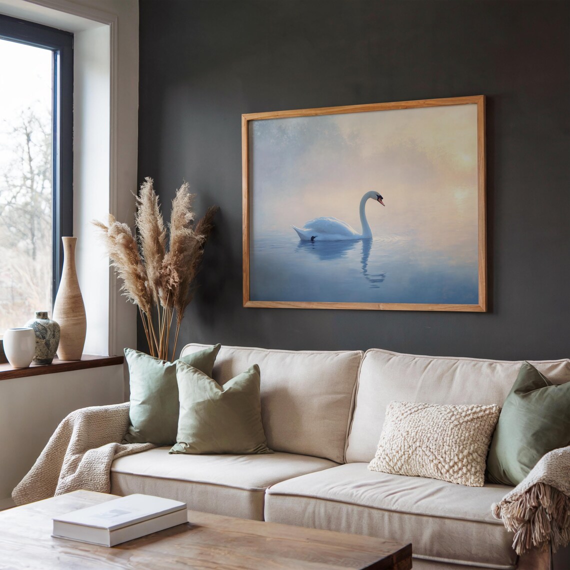 Serene Swan at Dawn Tranquil Lake Soft Watercolor Scene Poster - Image 4