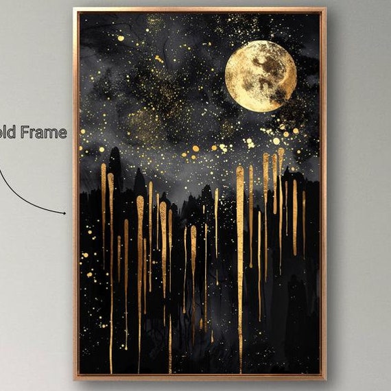 Golden Moon Nightscape Framed Wall Art Celestial Starry Night Painting Print Abstract Sky Wall Decor Vertical Poster Ready To Hang