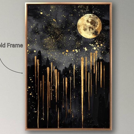 Golden Moon Starry Night Black Sky Abstract Celestial Wall Art Poster