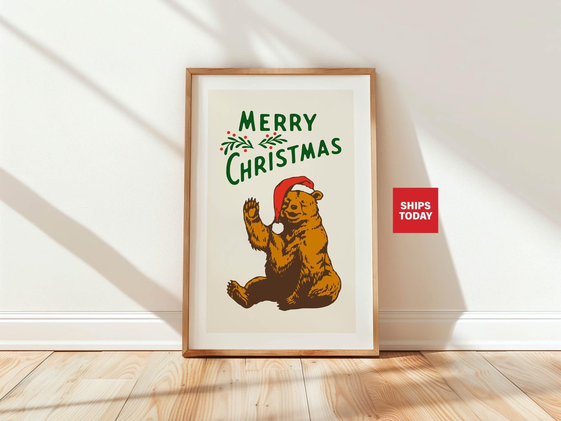 Merry Christmas Waving Bear Santa Hat Vintage Holiday Poster