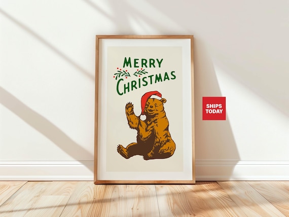 Merry Christmas Waving Bear Santa Hat Vintage Holiday Poster