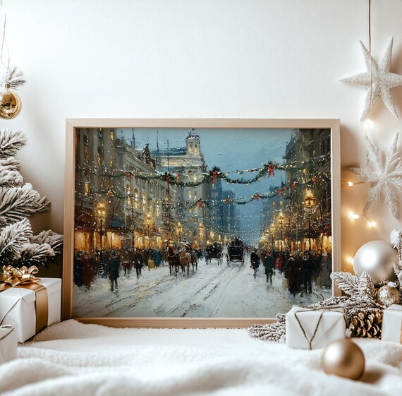 Vintage Winter City Street Snowy Christmas Horse Carriage Poster