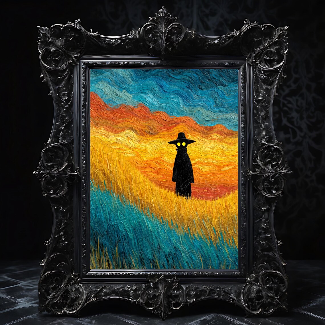 Halloween Cornfield At Dusk Spooky Scarecrow Wall Art Rustic Autumn Decor Haunted Landscape Painting 269