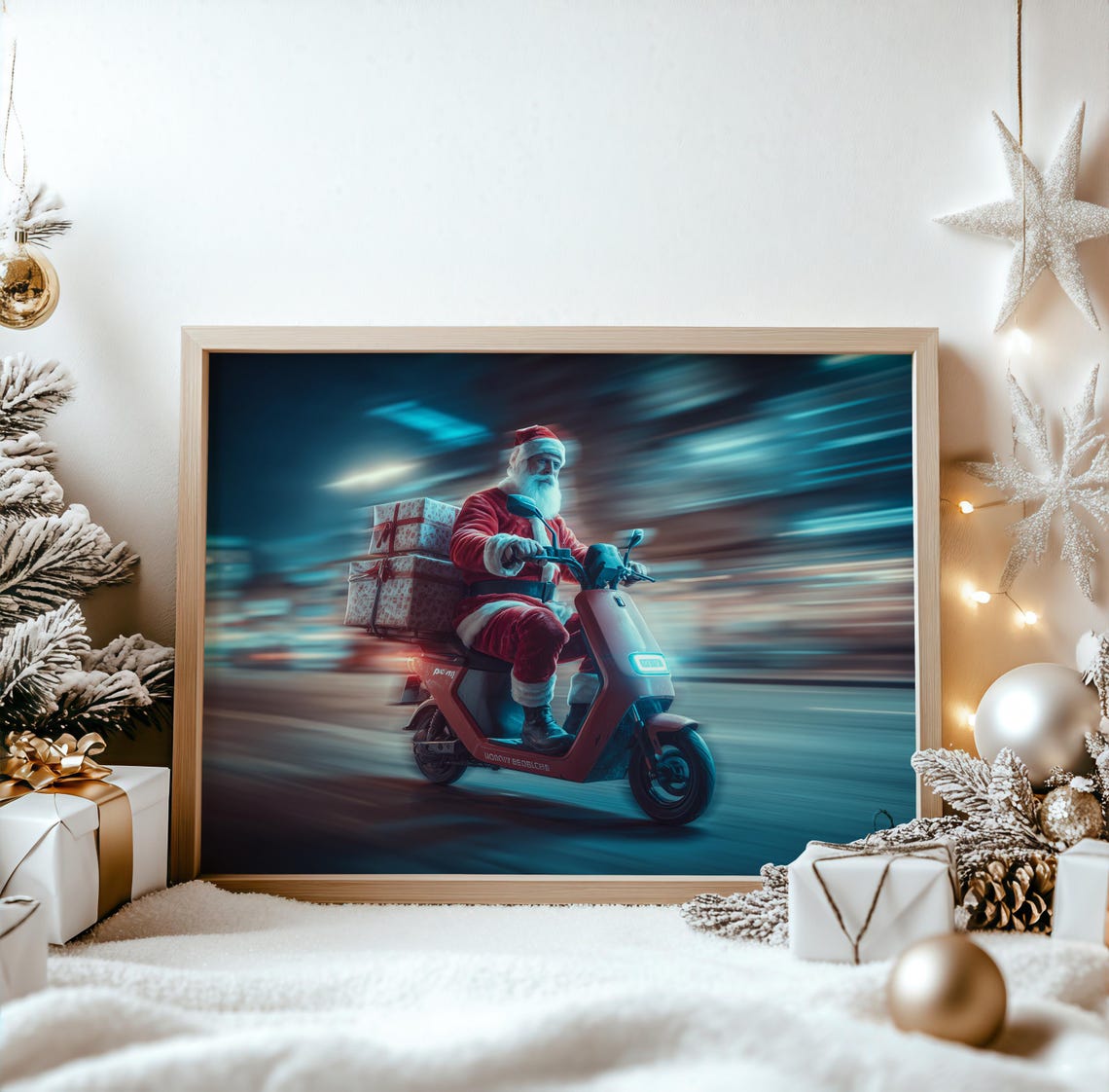 Santa Claus Speeding on a Red Electric Scooter Delivering Gifts Poster