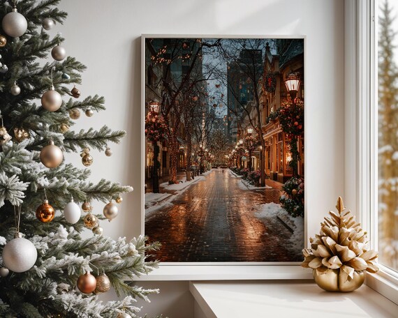 Winter City Street Christmas Holiday Lights Night Scene Poster