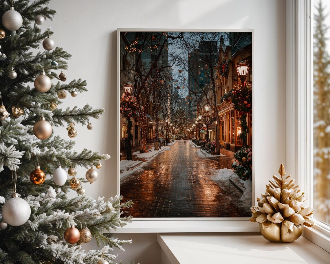 Winter City Street Christmas Holiday Lights Night Scene Poster