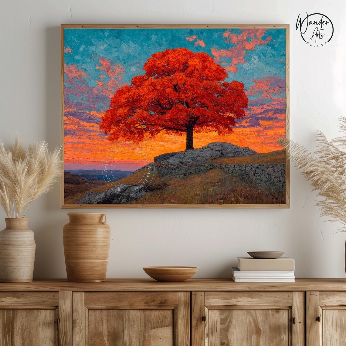 Lone Orange Oak Tree Rocky Hill Sunset Fiery Sky Impasto Art Poster
