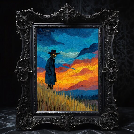 Haunted Cornfield At Dusk Art Spooky Autumn Wall Decor Moody Halloween Scene Vintage Rustic Painting For Fall 268