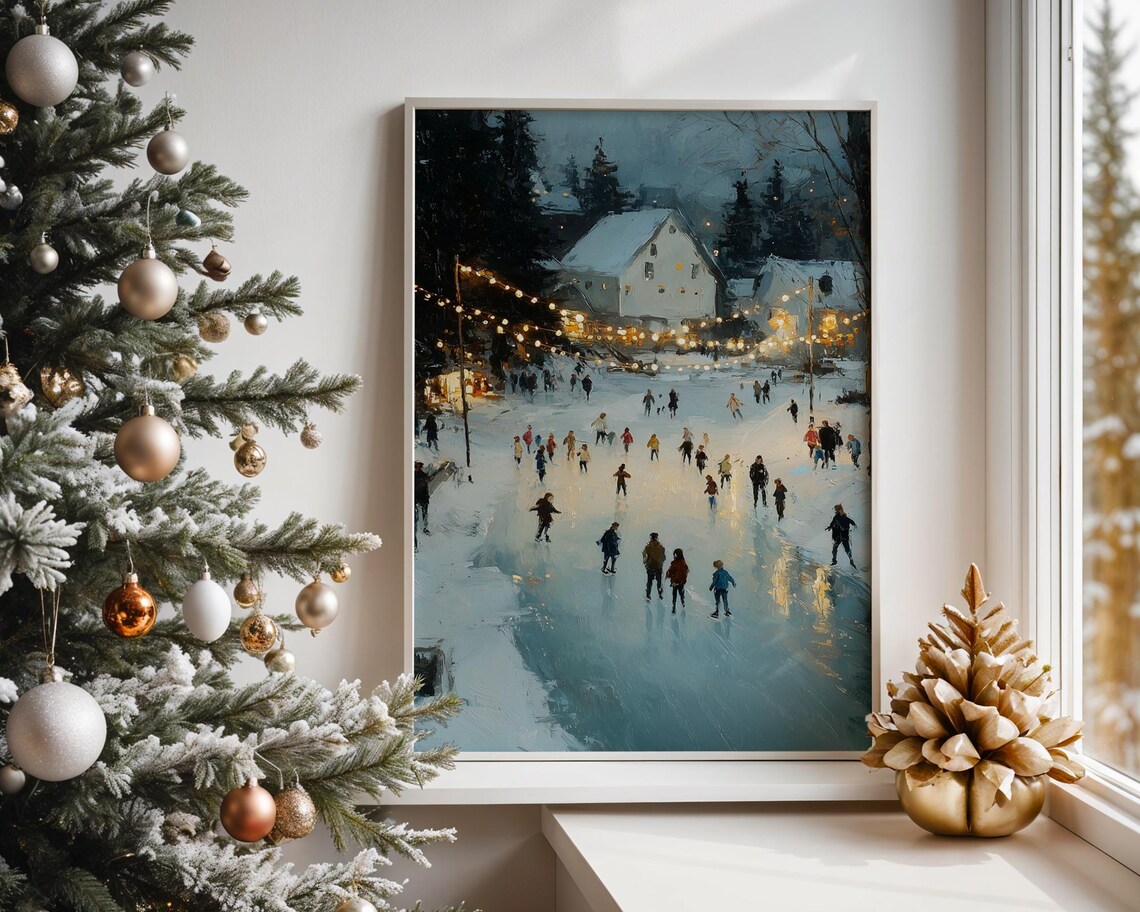 Cozy Village Ice Skating Pond Glowing Lights Winter Dusk Poster