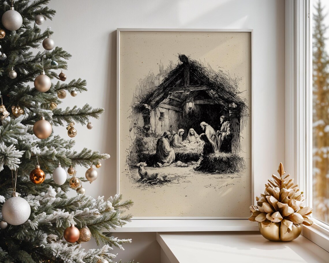 Vintage Nativity Scene Rustic Christmas Stable Art Print