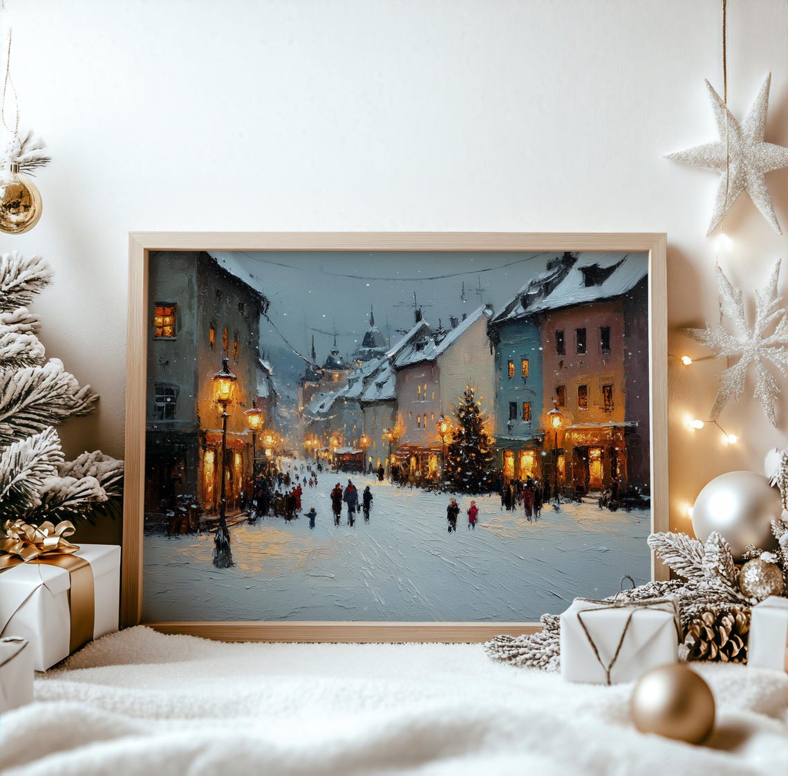 Snowy Old Town Square Christmas Tree Lamp Lights Winter Poster