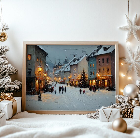Snowy Old Town Square Christmas Tree Lamp Lights Winter Poster