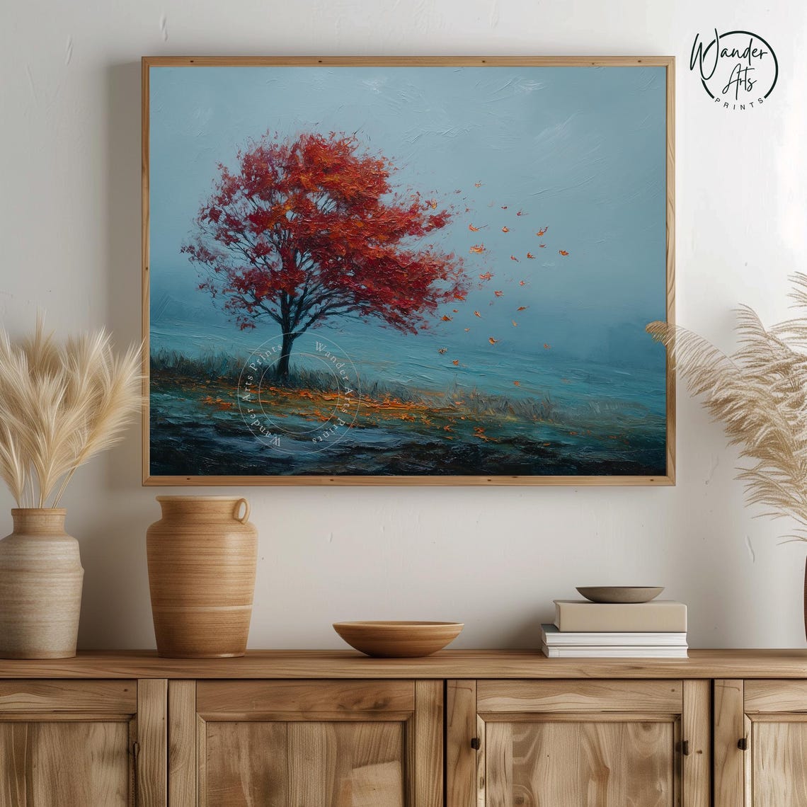 Vibrant Red Oak Tree Oil Painting Rustic Landscape Art Autumn Nature Scene Wall Decor Earthy Fall Print 387