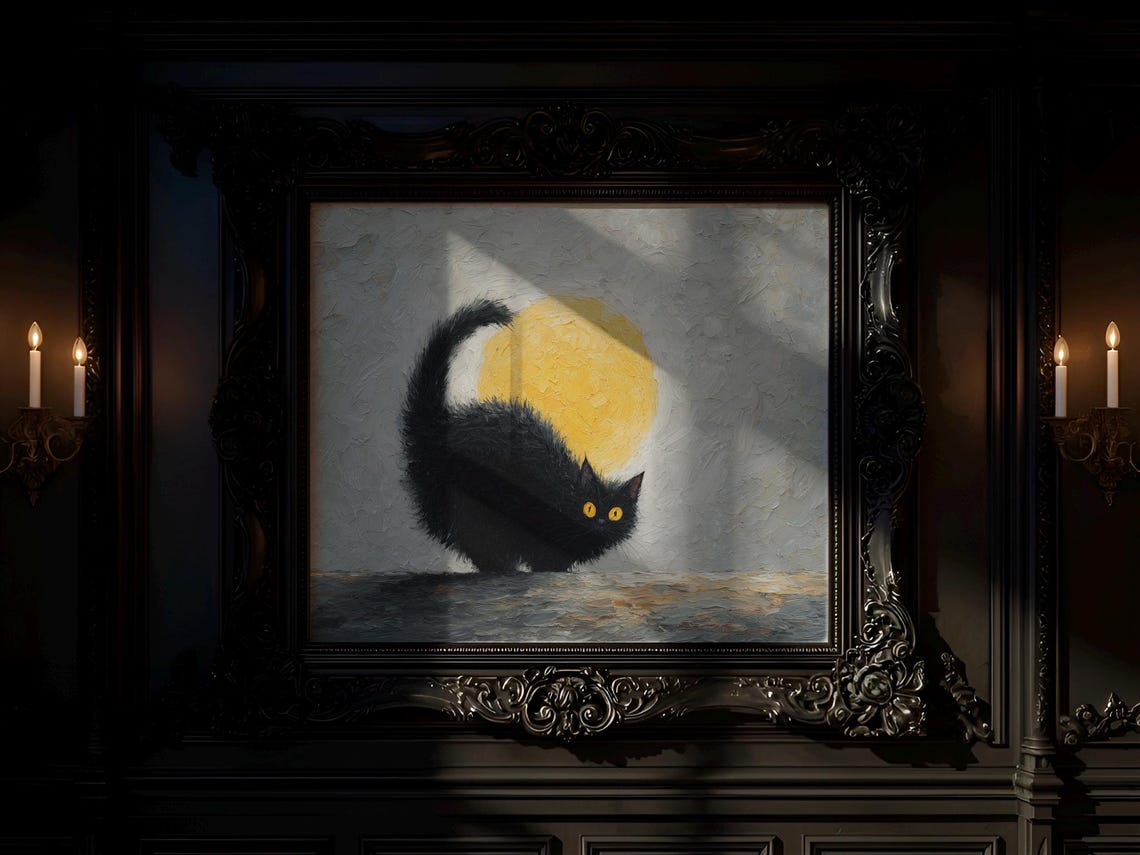 Halloween Cat Arching Back Dark Vintage Oil Painting Moody Black With Moon Rustic Fall Wall Art Print Decor 67