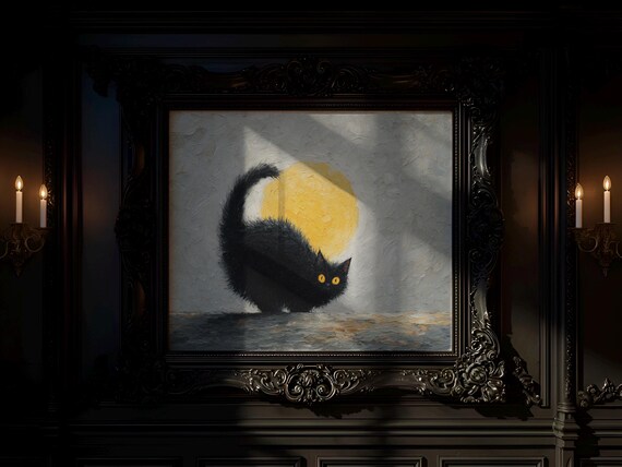 Halloween Cat Arching Back Dark Vintage Oil Painting Moody Black With Moon Rustic Fall Wall Art Print Decor 67
