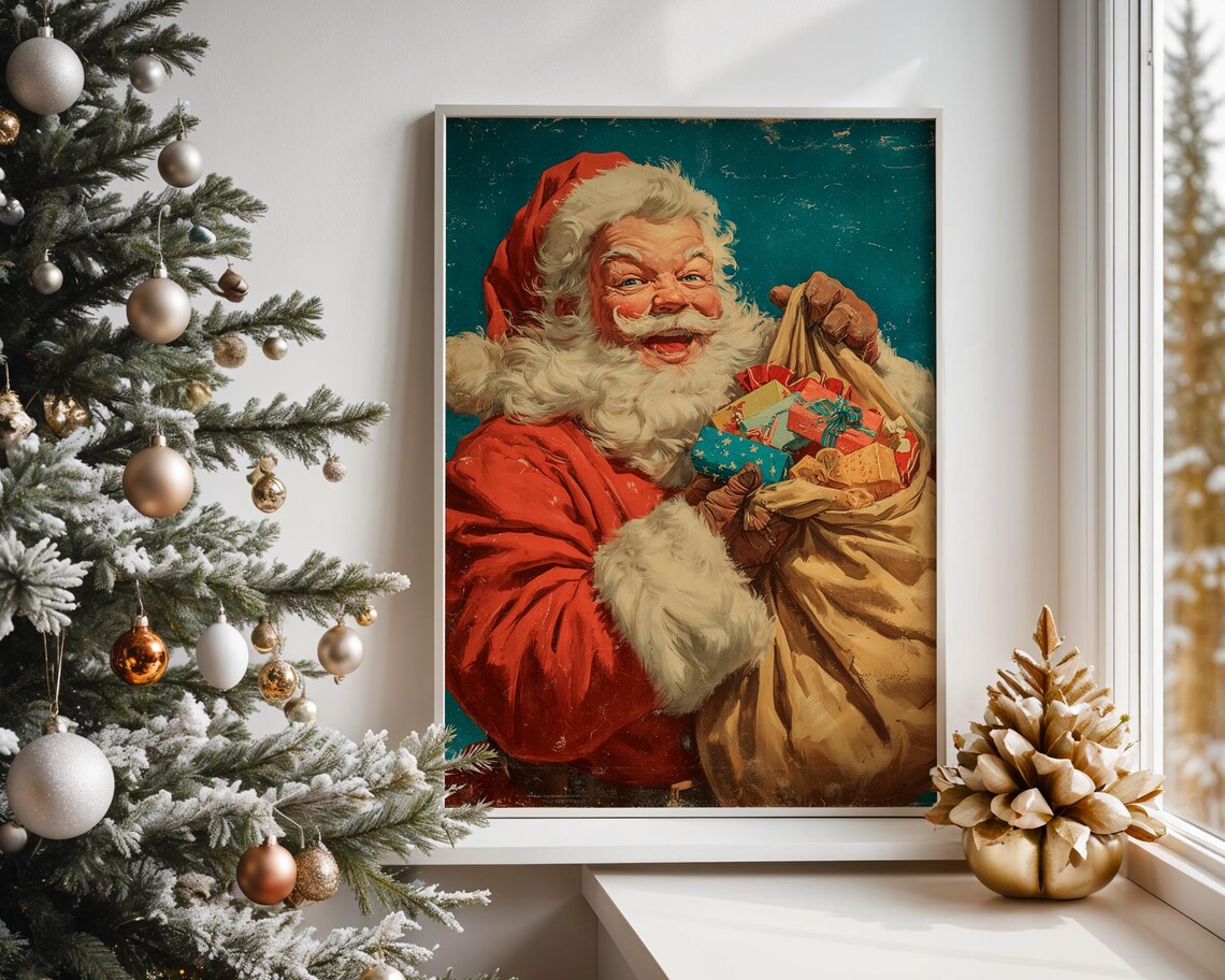 Vintage Santa Claus With Gift Sack Jolly Retro Christmas Poster