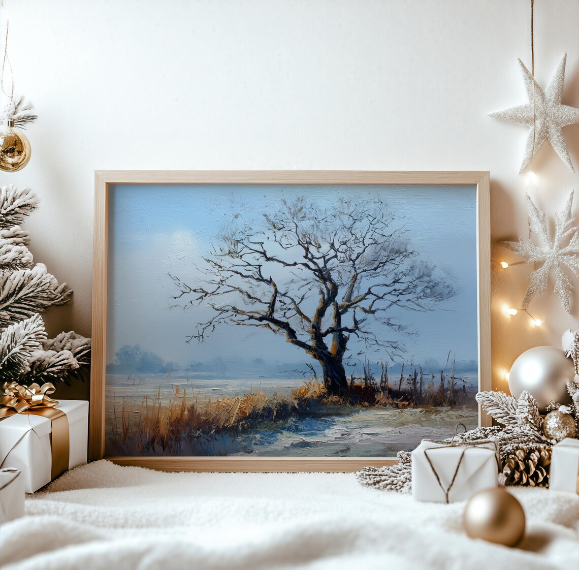 Majestic Bare Oak Tree in Frosty Winter Field Landscape Poster