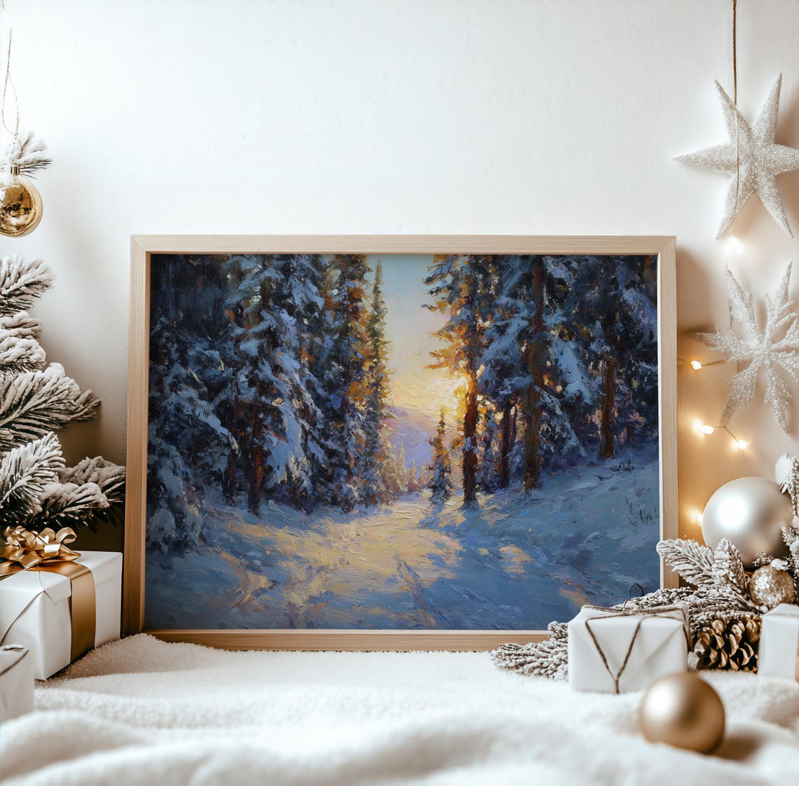 Snowy Mountain Path Winter Pines Sunset Cozy Cabin Art Poster