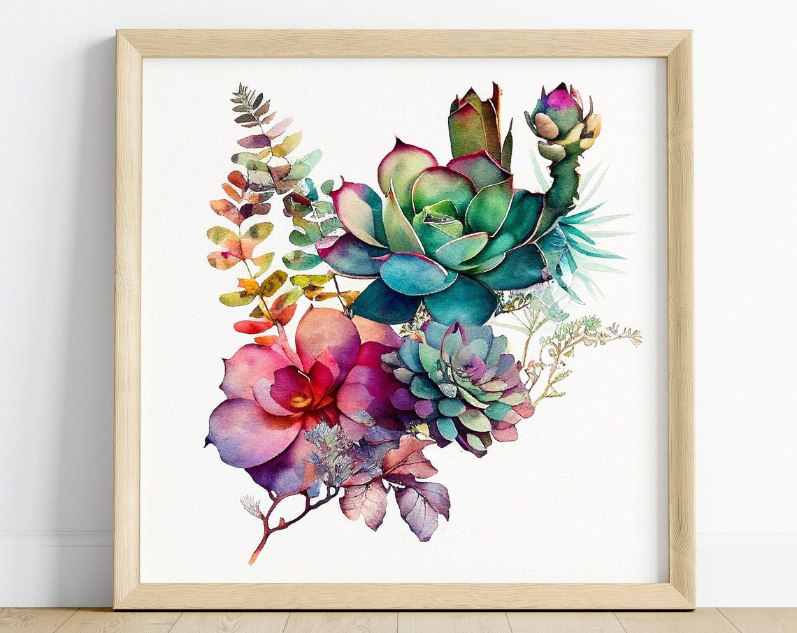 Watercolour Succulents Pink Green Botanical Square Art Poster