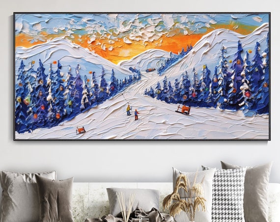 Original Framed 3d Skiing Sport Art Textured Wall Art Personalized Gift For Skiers White Snowboards Paintig Skier Painting Fasion Wall Art