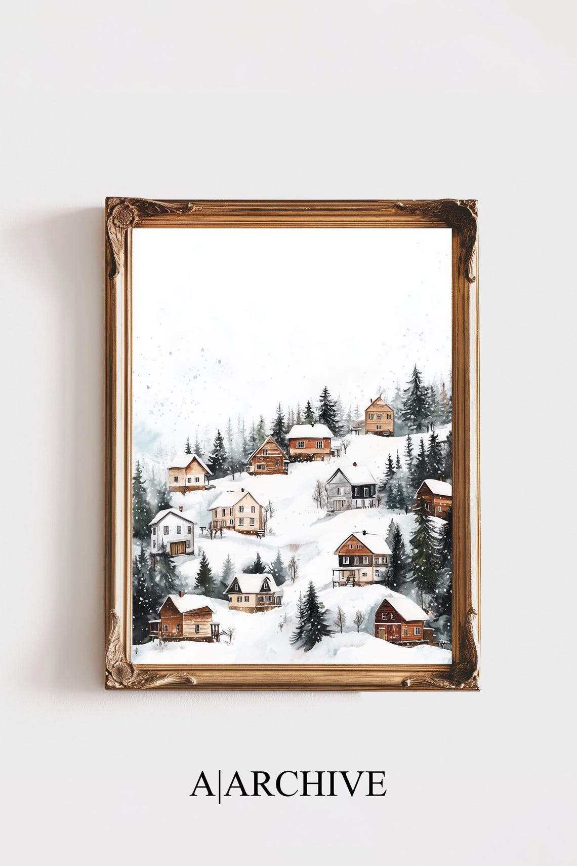 Snowy Village Watercolor Cabins Among Pine Trees Winter Scene Poster