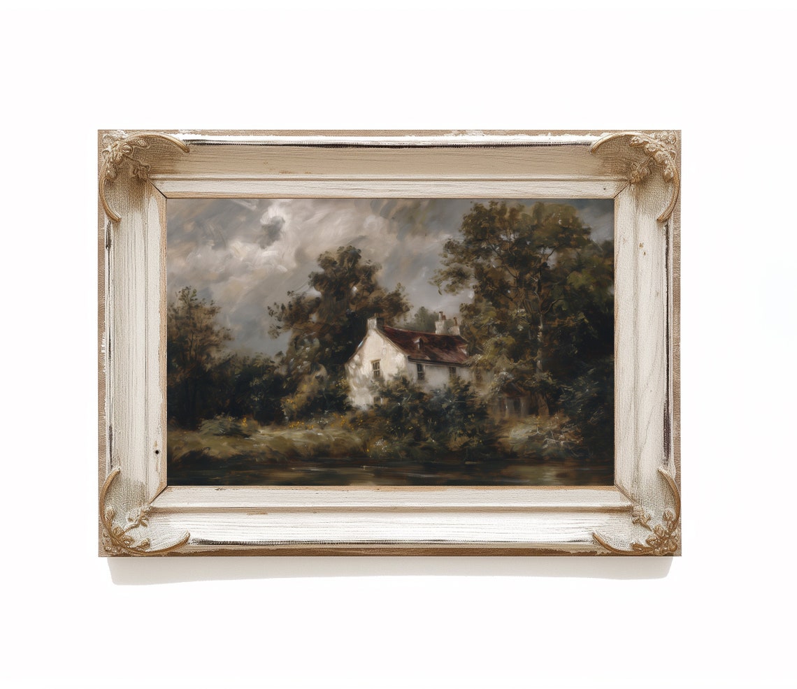 Antique Oil Painting Cottage by River Dark Trees Moody Print - Image 4