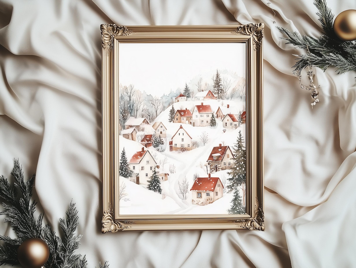 Winter Village Red Roofs Snowy Hillside Path Pines Christmas Poster - Image 2