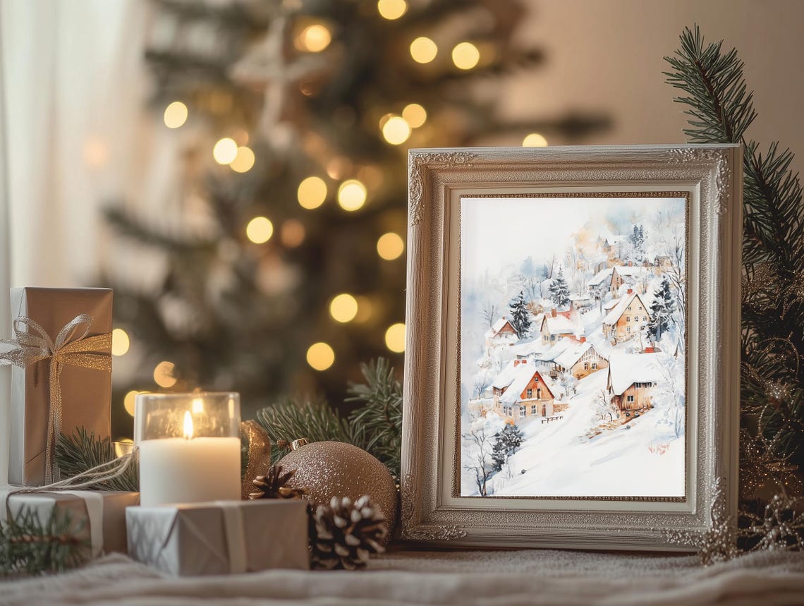 Watercolor Winter Village Hillside Snow Scene Rustic Christmas Poster - Image 4