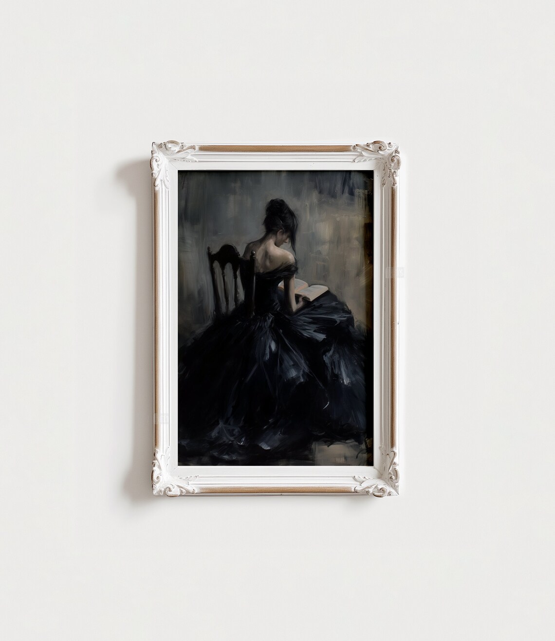 Moody Woman Reading Dark Oil Painting Black Dress Vintage Print - Image 4