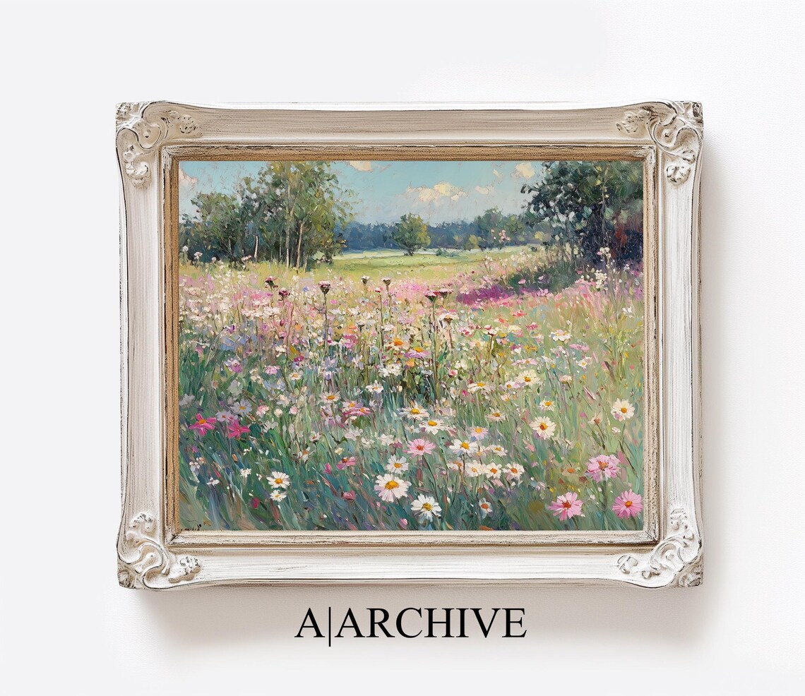 Pastel Wildflower Meadow Pink Cosmos Impressionist Art Poster