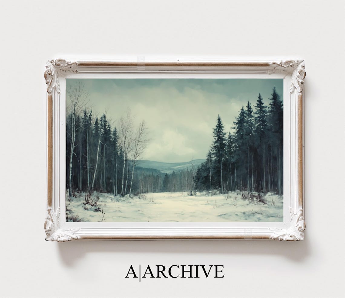 Snowy Valley Pine and Birch Forest Distant Mountains Winter Poster - Image 3