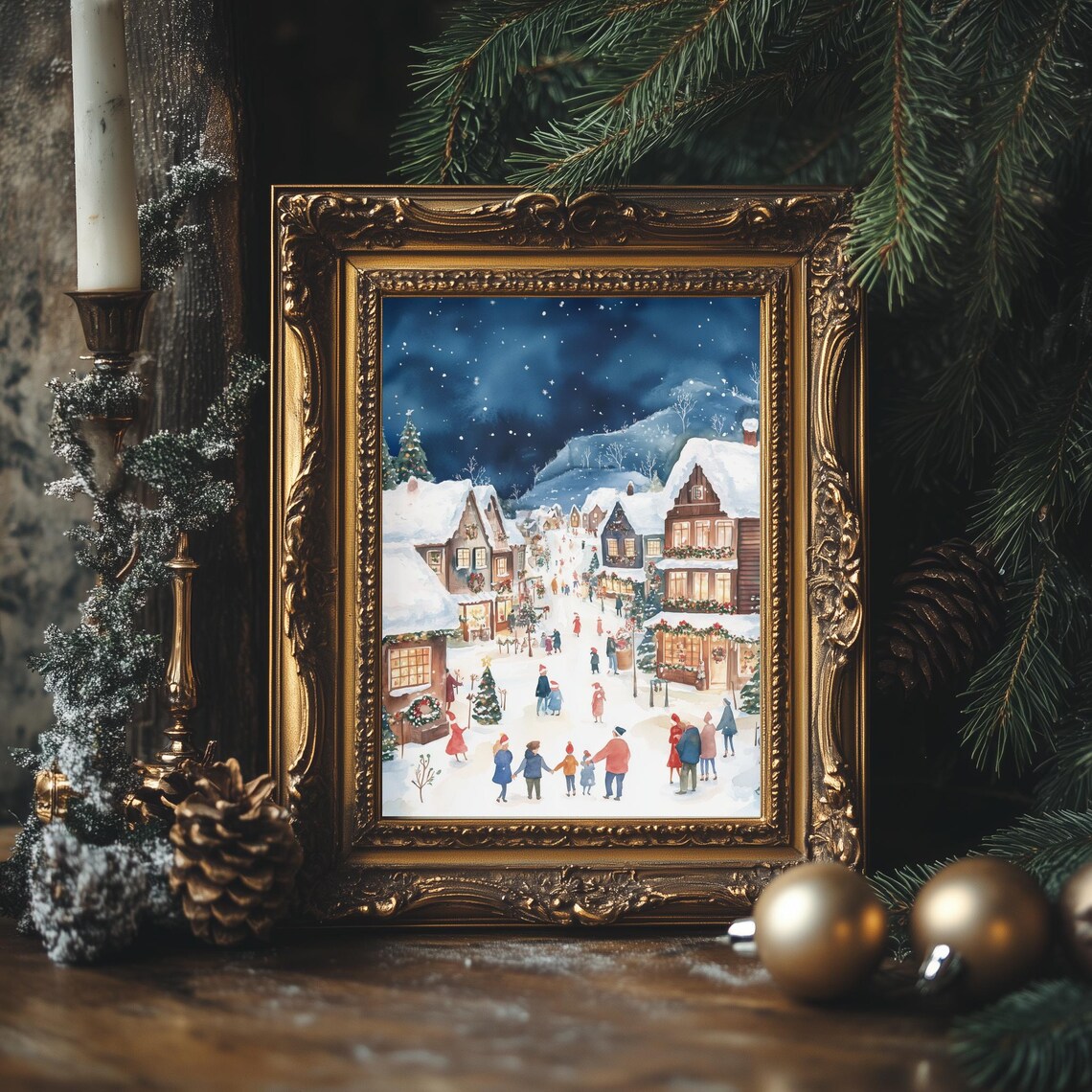 Christmas Village Main Street Night Scene Watercolor Holiday Poster - Image 4