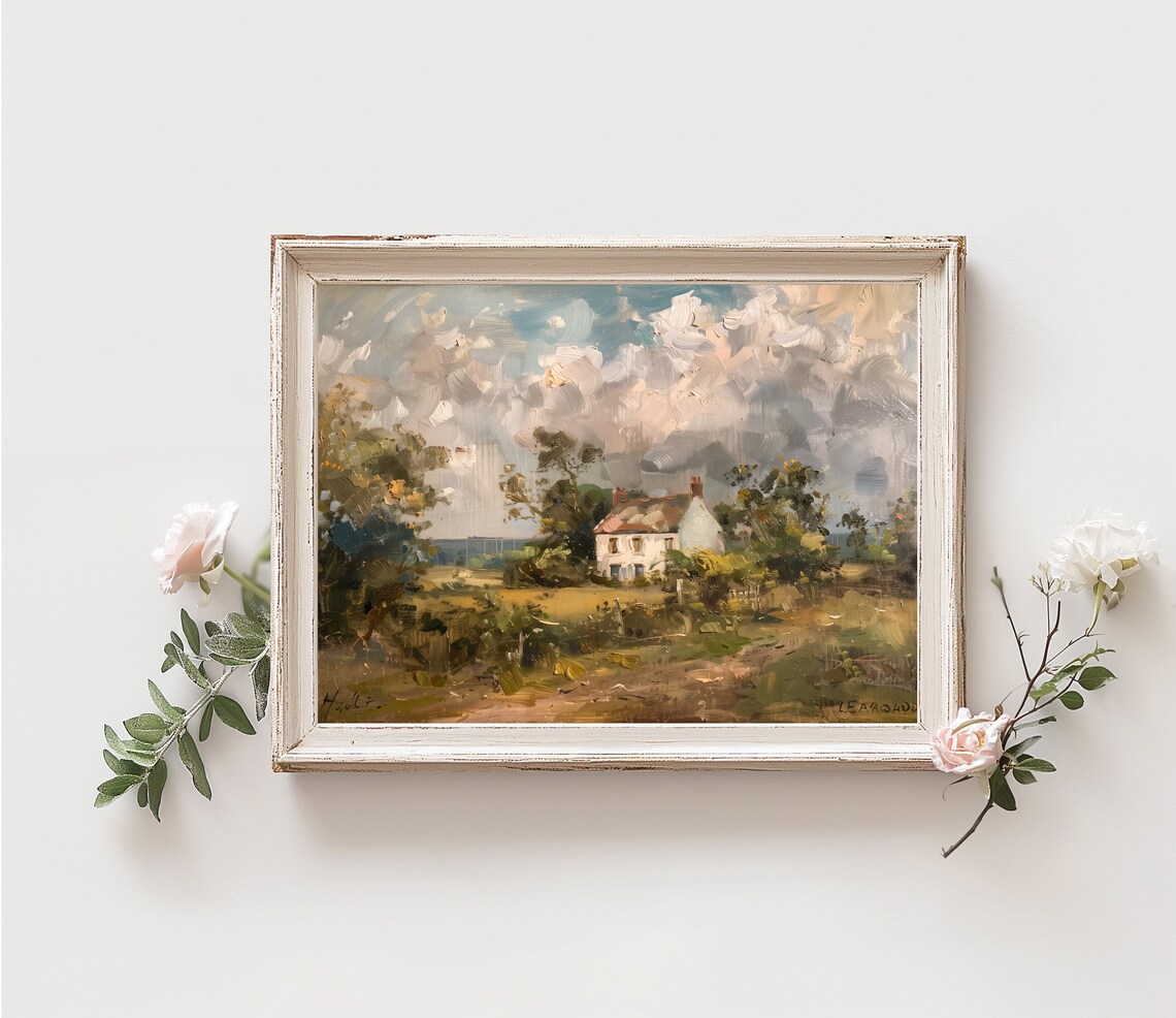 Antique Oil Painting White Farmhouse Cloudy Sky Country Print - Image 4
